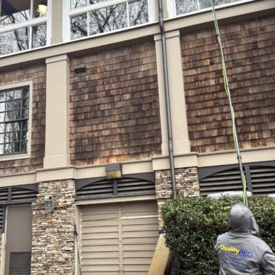 Brick and Stone Building Window Cleaning In Action in Chattanooga TN by QualityPRO Power Washing