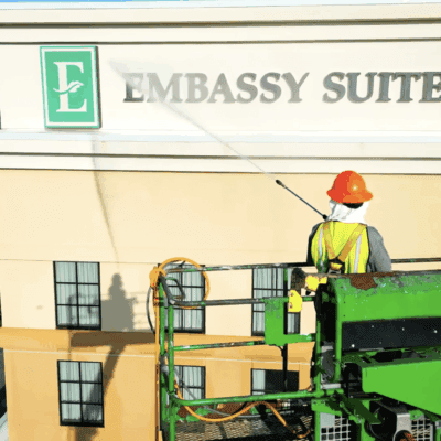 Commercial Pressure Washing at the Embassy Suites in Chattanooga TN by QualityPRO Power Washing - up clse on lift