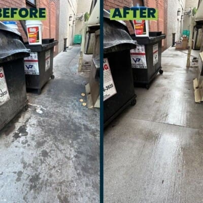 Before and after dumpster pad pressure washing in Chattanooga by QualityPRO Pressure Washing
