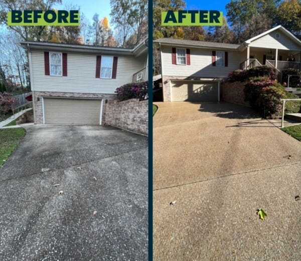 Before & after concrete driveway pressure washing in Chattanooga TN by QualityPRO Power Washing