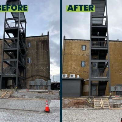 Before and After Multiple Story Brick Building Pressure Washing in Chattanooga TN by QualityPRO Power Washing