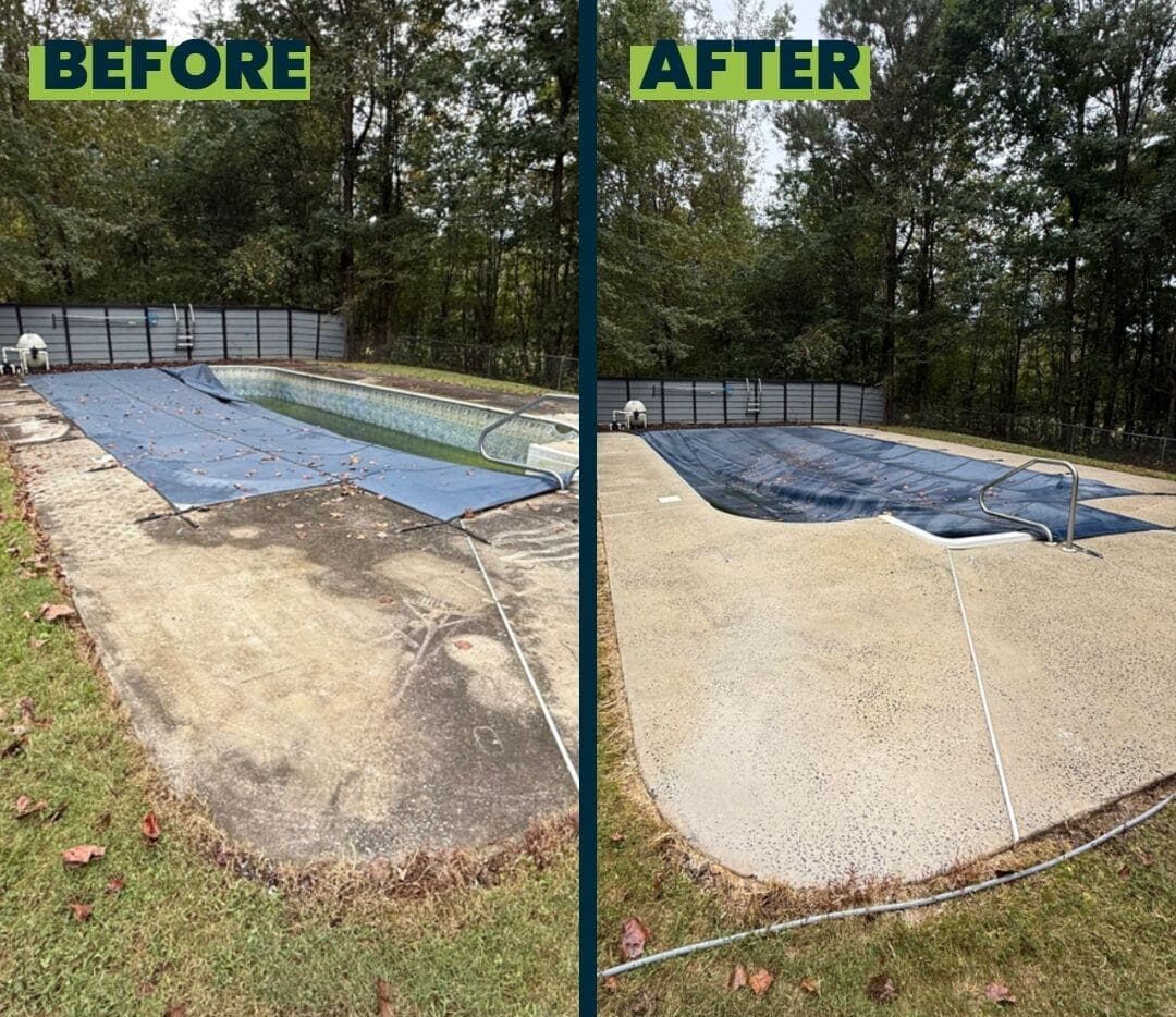 Residential House Backyard Pool Concrete Pressure Washing Before and After in Chattanooga by QualityPRO Pressure Washing