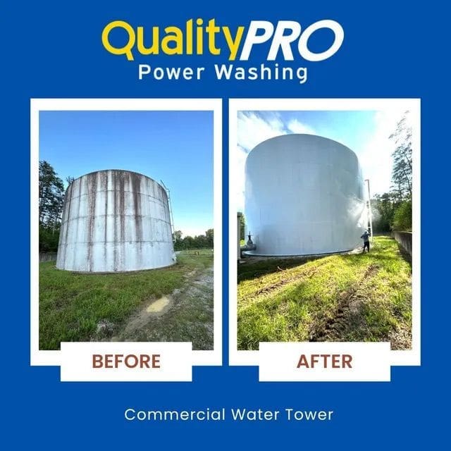 Before and after pressure washing a commercial water tower in chattanooga tn by qualitypro power washing