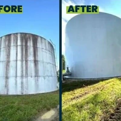 Before and after industrial pressure washing of large water tanks in Chattanooga by QualityPRO Pressure Washing