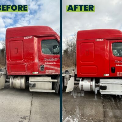 The Side View of a Red Freightliner Cab Before and After Pressure Washing. You Can see how much work QualityPRO Pressure Washing puts into their services with how well this truck has been cleaned.