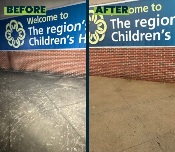 Erlanger Children's Hospital. The Front Walkway With Sign Before and After Pressure Washing and Cleaning in Chattanooga TN by QualityPRO Power Washing