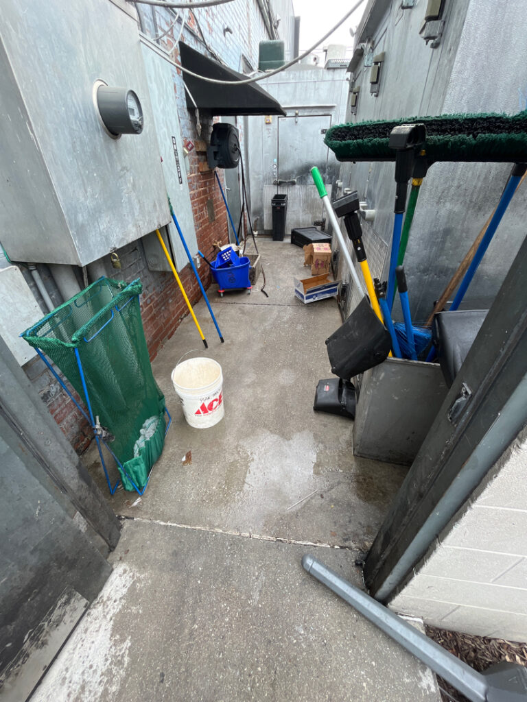 A comprehensive exterior pressure washing and degreasing service was performed on a Chattanooga restaurant’s high-traffic zones, including sidewalks, the dumpster corral, and the front entrance, to remove organic buildup and grease.