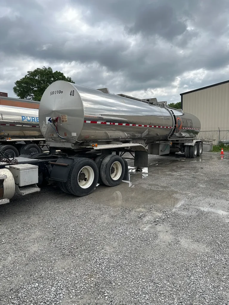 Fleet pressure washing completed on tanker trailers and a service truck, removing heavy road film, grime, and buildup to restore a brighter, cleaner finish and a more professional fleet appearance.
