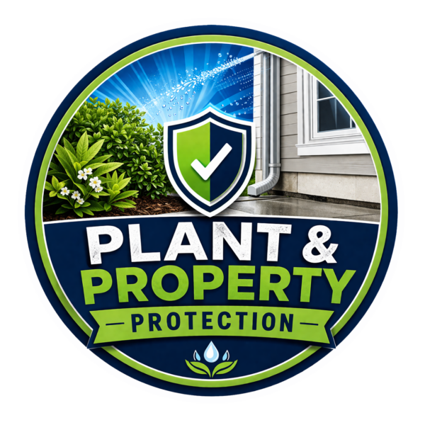 Plant & Property Protection featuring a green shield with a white checkmark, greenery on the left and a house gutter on the right, with bold 'PLANT & PROPERTY PROTECTION' in bold