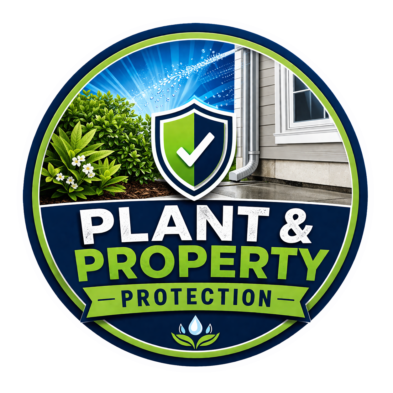 Plant  property protection featuring a green shield with a white checkmark greenery on the left and a house gutter on the right with bold plant  property protection in bold