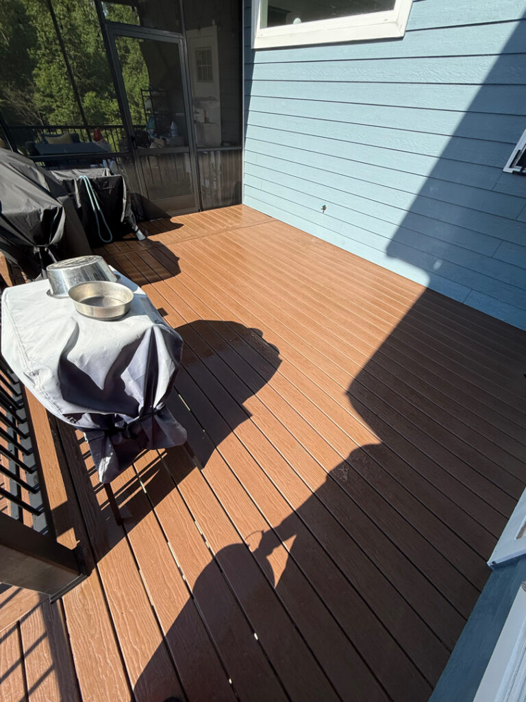 This project involved a comprehensive exterior cleaning of a Cleveland outdoor living space, utilizing specialized detergents and soft-wash techniques to remove pet hair, organic growth, and grime from a concrete pool deck and a multi-level wood deck.