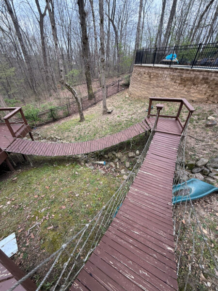 The work performed consists of soft washing and rinsing the primary structure's exterior surfaces, three rear decks, a treehouse with its decks and bridges, and surface cleaning the concrete flatwork, all backed by a one-year warranty against mold and mildew regrowth.