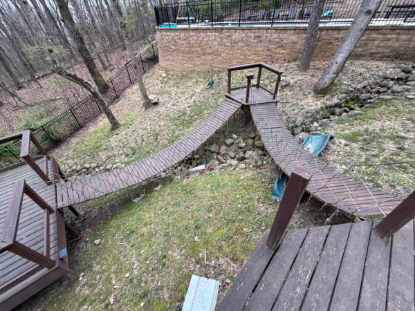 The work performed consists of soft washing and rinsing the primary structure's exterior surfaces, three rear decks, a treehouse with its decks and bridges, and surface cleaning the concrete flatwork, all backed by a one-year warranty against mold and mildew regrowth.