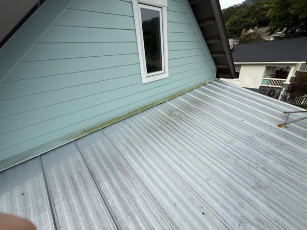 Using low-pressure soft washing methods, this project completed a full exterior refresh of a two-story home in Chattanooga, which included cleaning the house siding, front porch and back steps, washing the metal roof, and clearing and flushing the gutter system.