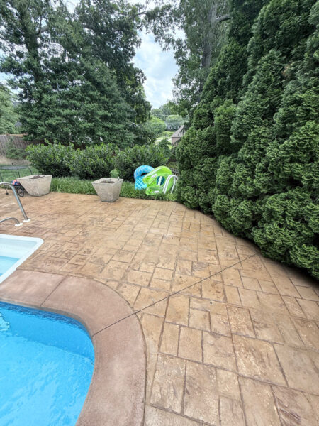 Professional cleaning and pressure washing were performed on a concrete pool deck and a retaining wall in Chattanooga to remove mold, mildew, and grime through the application of specialized detergents and methodical surface washing.