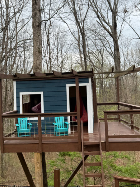 The work performed consists of soft washing and rinsing the primary structure's exterior surfaces, three rear decks, a treehouse with its decks and bridges, and surface cleaning the concrete flatwork, all backed by a one-year warranty against mold and mildew regrowth.
