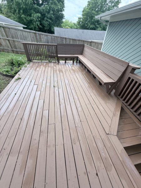 This project involved a comprehensive soft wash cleaning of a one-story residence, metal garage, and wood deck in Chattanooga to remove organic growth and dirt while preserving the integrity of all exterior surfaces.