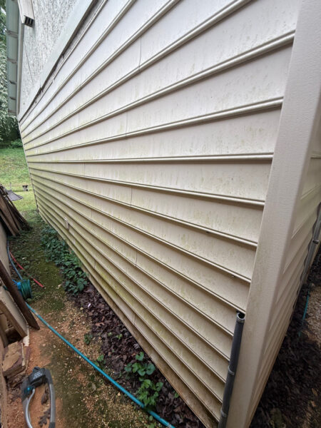 This project involved a comprehensive low-pressure soft wash of a single-story home's exterior surfaces, including siding, trim, and gutters, to remove organic growth and restore a uniform appearance.