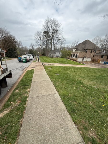 The work performed consists of soft washing and rinsing the primary structure's exterior surfaces, three rear decks, a treehouse with its decks and bridges, and surface cleaning the concrete flatwork, all backed by a one-year warranty against mold and mildew regrowth.