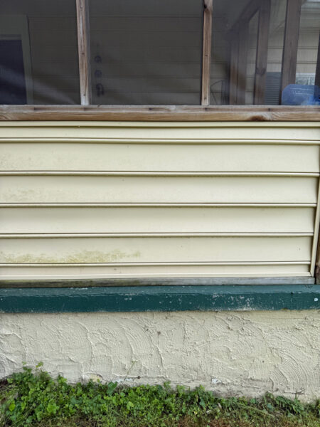 This project involved a comprehensive low-pressure soft wash of a single-story home's exterior surfaces, including siding, trim, and gutters, to remove organic growth and restore a uniform appearance.