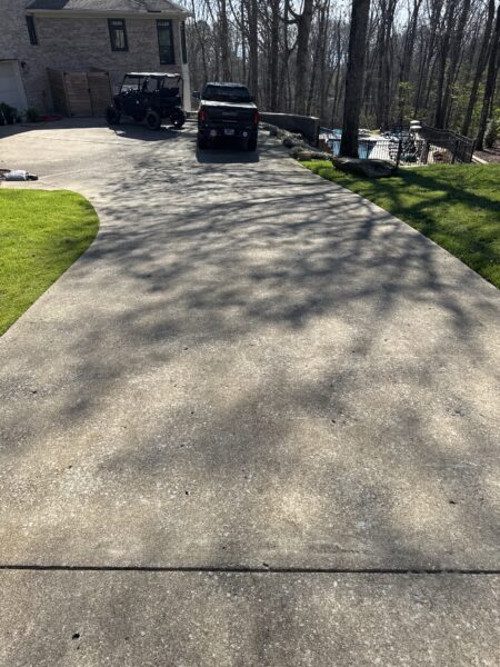 The work performed consists of soft washing and rinsing the primary structure's exterior surfaces, three rear decks, a treehouse with its decks and bridges, and surface cleaning the concrete flatwork, all backed by a one-year warranty against mold and mildew regrowth.