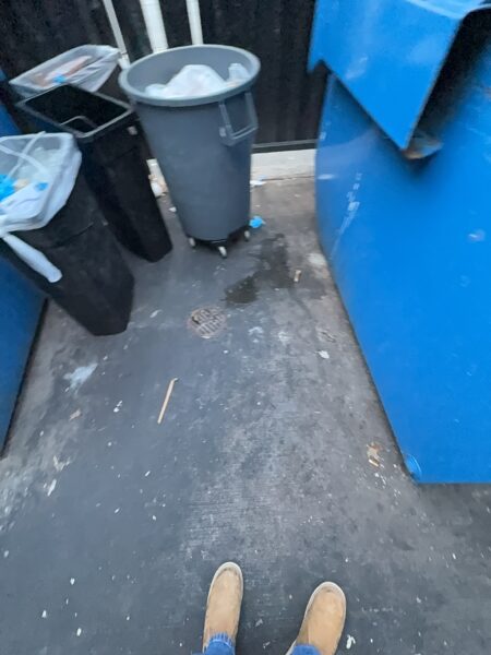 Professional power washing and detergent cleaning were performed on the front stained sidewalk, additional sidewalk sections, the back dock, and the dumpster enclosure to remove all surface debris and buildup.