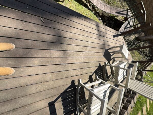 The work performed consists of soft washing and rinsing the primary structure's exterior surfaces, three rear decks, a treehouse with its decks and bridges, and surface cleaning the concrete flatwork, all backed by a one-year warranty against mold and mildew regrowth.