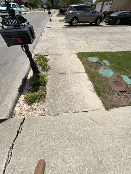 Sidelight view of a suburban curbside with a decorative black mailbox on a post, cracked concrete sidewalk, a small plant bed with rocks, and parked cars in driveways along the street; a brown boot is visible in the foreground.