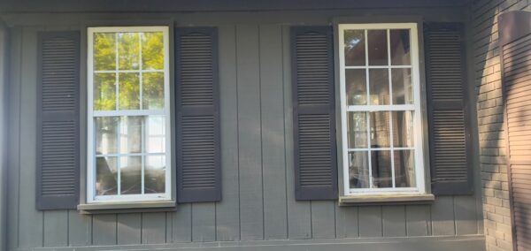 Two white-framed windows with dark blue shutters on a gray wooden siding exterior, reflecting trees in the glass panels.