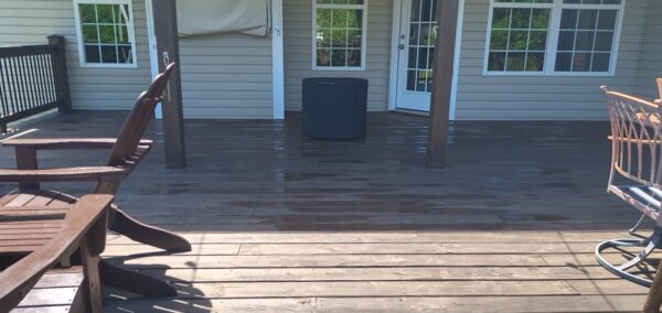This project utilized low-pressure soft-wash methods to clean the entire two-story exterior envelope, a wood deck with stairs, and first-story exterior windows to remove organic growth and environmental buildup.