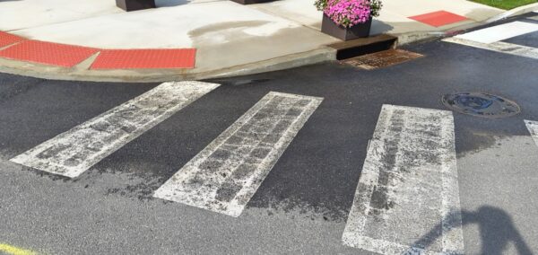 Crosswalk with worn white stripes on asphalt beside a sidewalk with red tactile paving and pink flowers in planters.