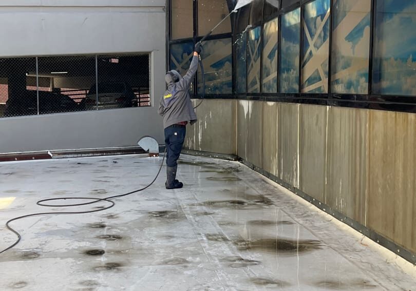 Active Pressure Washing Windows at the Convention Center in Chattanooga TN by QualityPRO Power Washing